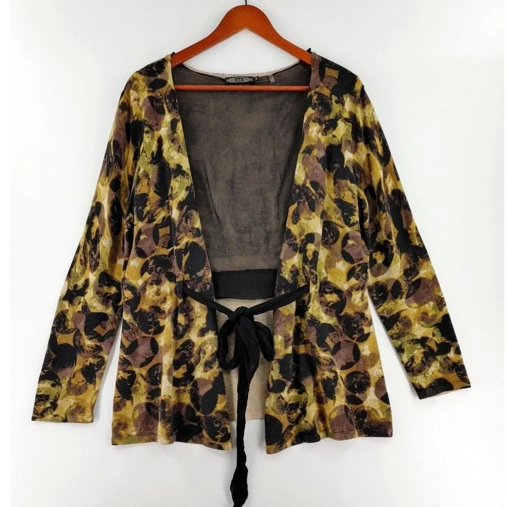 Womens XL Cardigan Tie Front Mustard Black Animal‎ Print Soft Eclectic Artsy